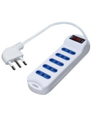 MULTIPRESA 5 POSTI BIVALENTE 10/16A BIANCA CON SPINA 16A 90° E INTERRUTTORE ANTI SOVRACCARICO