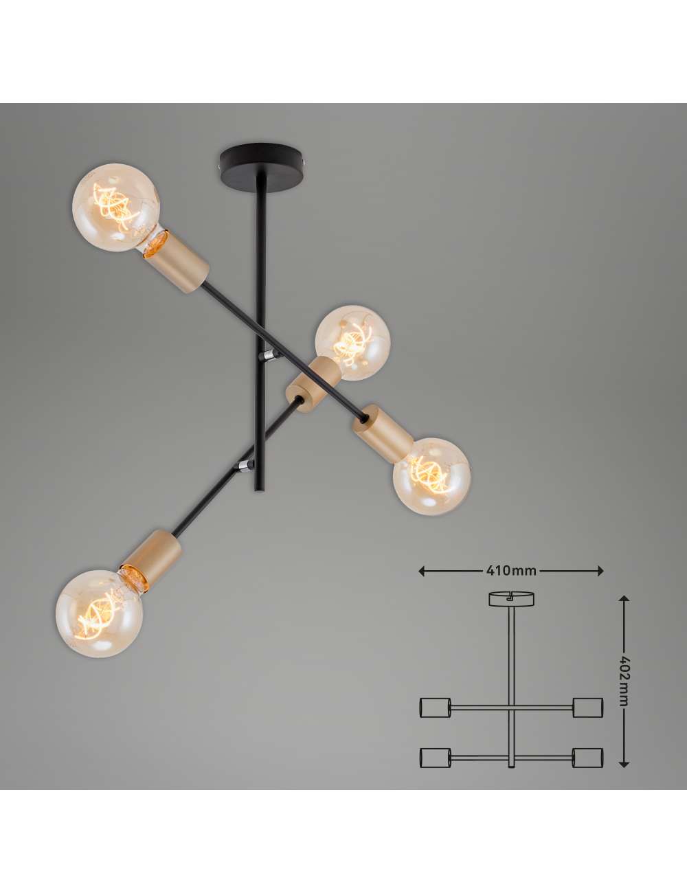 PLAFONIERA 41 CM 60W MAX NERO E ORO A 4 LAMPADE