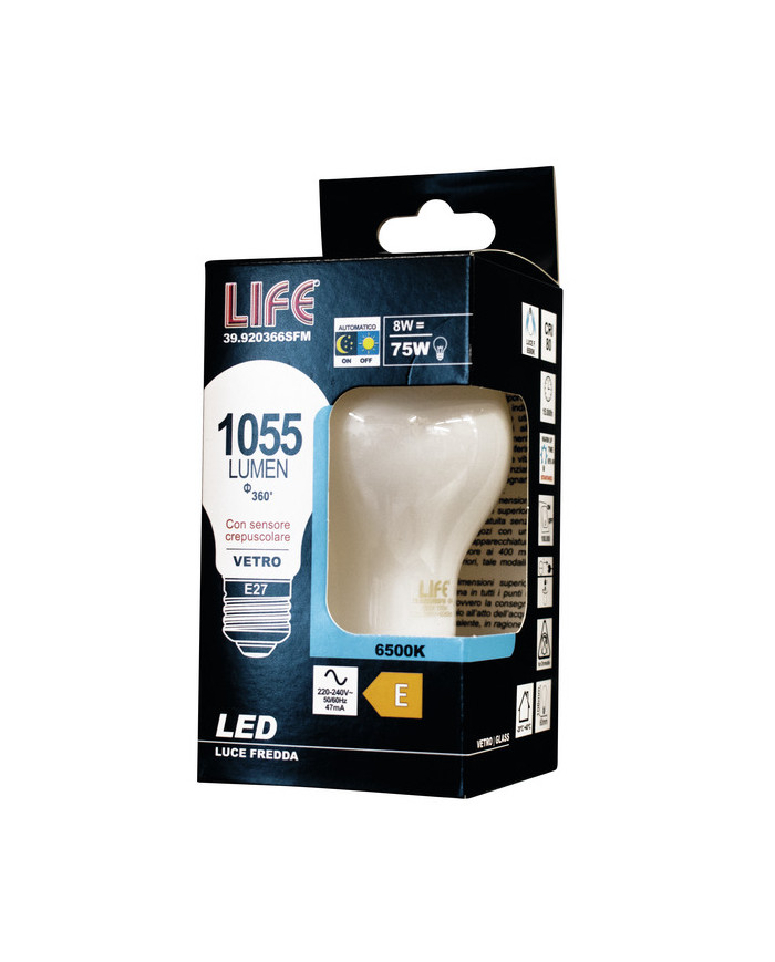 LAMPADA A LED MILKY CON CREPUSCOLARE E27 8W 6500K