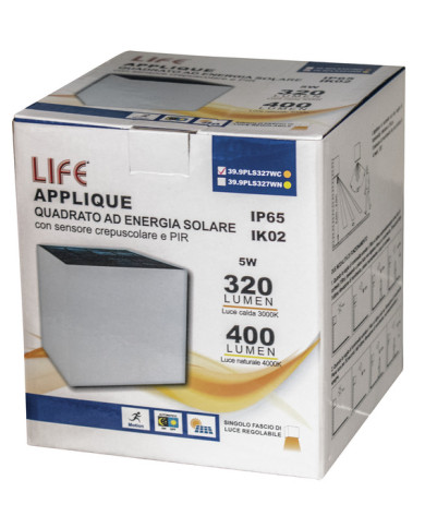 APPLIQUE A LED QUADRATO CON PANNELLO SOLARE 3000K